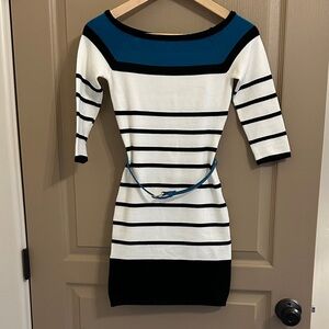 bebe Black and White Striped Mini Sweater Dress